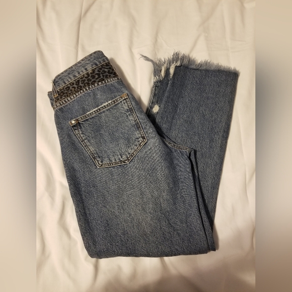 Zara Basic Z1975 Denim Leopard Waist Crop Ripped Jeans Blue Size 00 - Picture 4 of 8